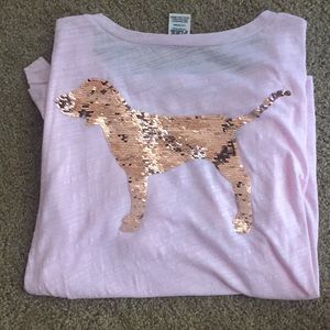 PINK vneck T-shirt with rose gold sequin dog